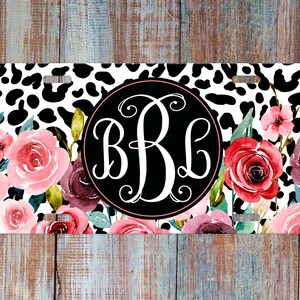 Leopard Floral License Plate, Monogram Car Plate, Personalized Car Tag, Front Car Plate for Women, Watercolor Floral, Black, White, Pink