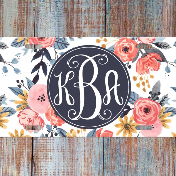 Personalized License Plate, Monogram Car Tag, Front Car Plate for Women, Boho Watercolor Floral, Dark Blue-Gray, White, Pink, Coral, Gold