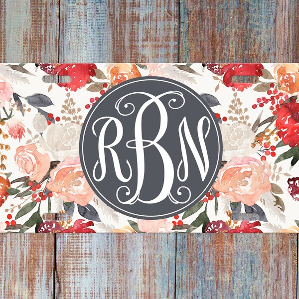 Personalized License Plate, Monogram Car Tag, Front Car Plate for Women, Boho Watercolor Floral, Gray, White, Red, Rust, Cream, Peach, Green