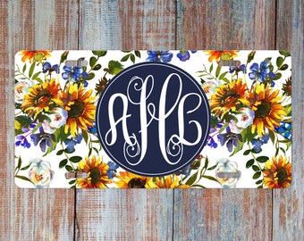 Personalized License Plate, Front Car Tag, Monogram Car Plate, License Plate for Women, Floral Car Tag, Sunflowers, Navy Blue, White, Orange