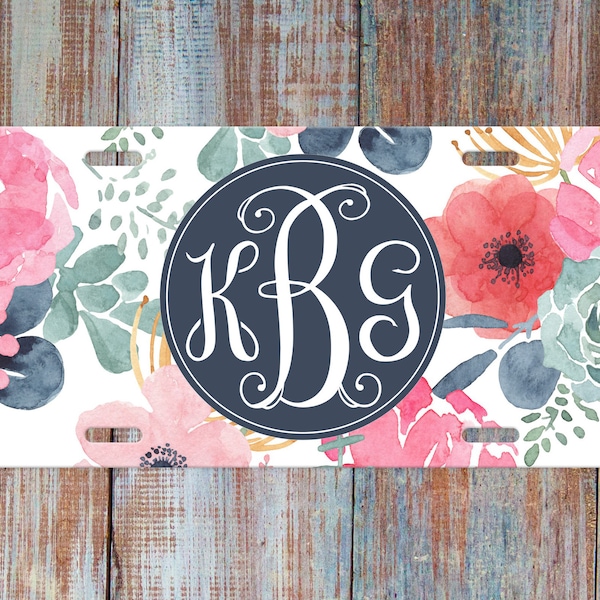 Personalized License Plate, Monogram License Plate, Custom Car Tag, Front Car Plate for Women, Floral Watercolor, Dark Blue-Gray, White,Pink