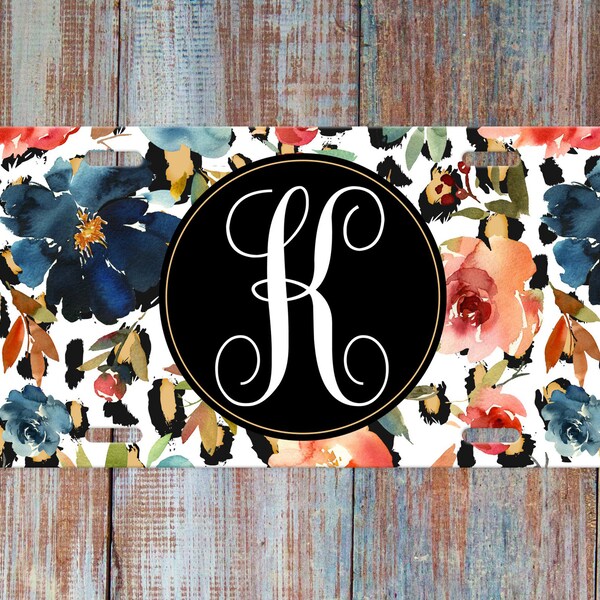 Leopard Floral License Plate, Single Letter Monogram, Front Car Tag for Women, Animal Print, Boho Floral, Black, White, Gold, Blue, Orange