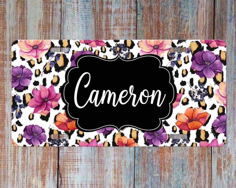 Leopard License Plate White Gold,Orange Animal Print Floral Purple Personalized Front Car Tag for Women Black Fuschia Name Car Plate