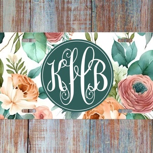 Personalized License Plate, Monogram Car Plate, Front Car Tag, License Plate for Women, Watercolor Floral, Green, White, Cyan, Pink, Rust
