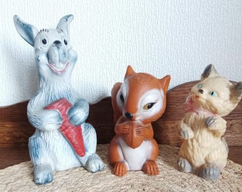 old animal squeakers, vintage toy squeakers individually, rabbit or squirrel or cat, vintage retro toys, old toy collection 1960's 1970's