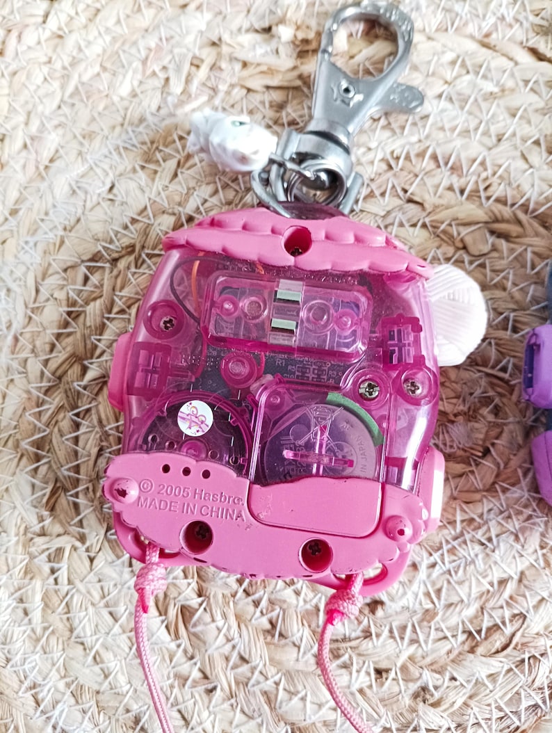 May include: A pink, translucent toy with a silver metal clip. The toy has a house-like shape with a pink roof and a clear body revealing internal components. The text "&copy; 2005 Hasbro MADE IN CHINA" is visible. A pink string is attached.