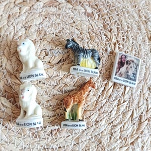 Peut inclure: Ensemble de figurines miniatures en céramique représentant des animaux : deux lions blancs, un zèbre, une girafe et une tuile avec une image de lion. Chaque figurine porte l'inscription "MIA et LE LION BLANC". Sur un tapis de paille tressée.