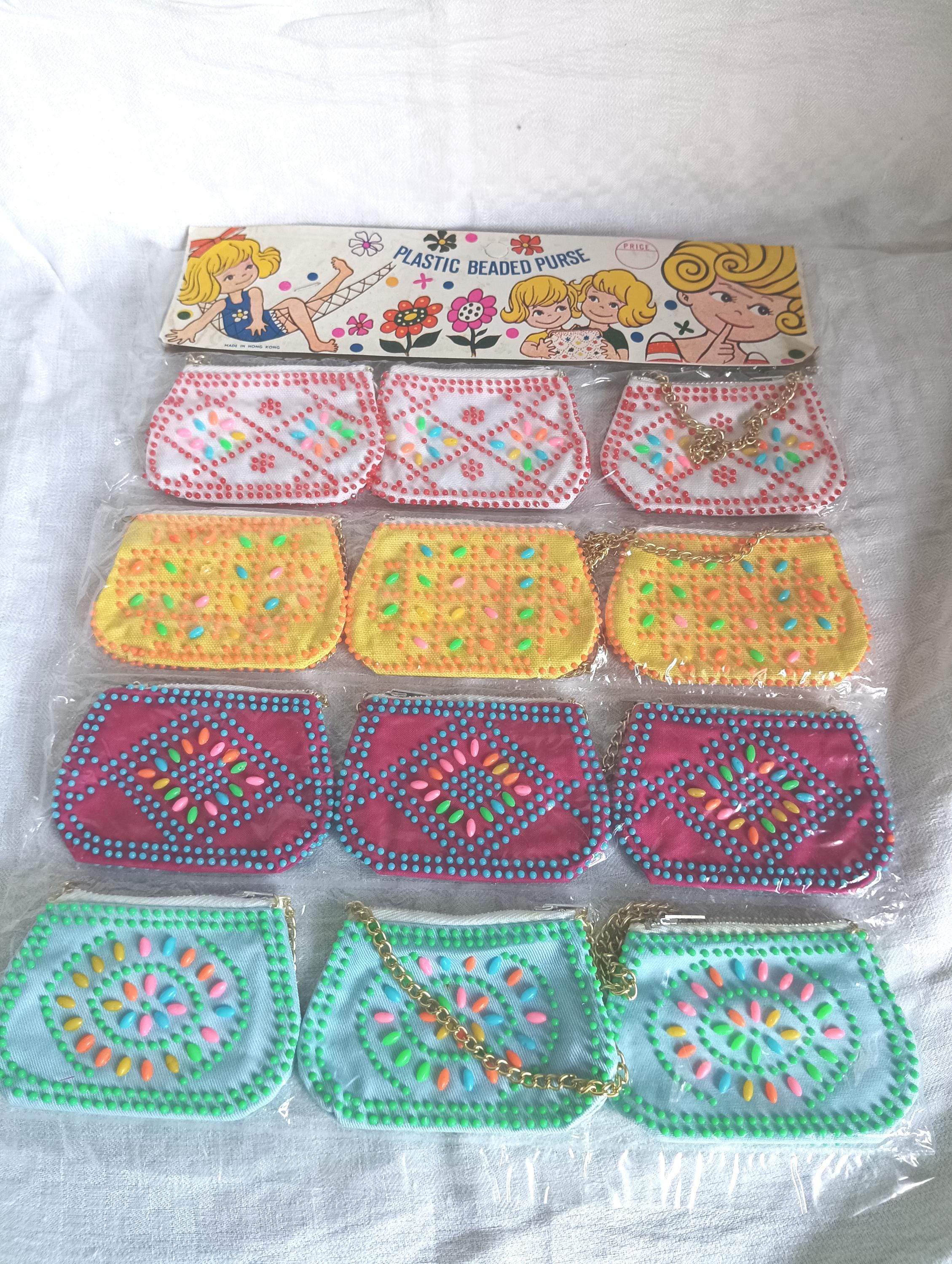 古着 80s ビンテージ 総 ビーズ 小銭 小物入れ ポーチ バック 美品 希少 80s Beaded Coin Purse, Vintage Colorful Beaded Coin Purse, Kawaii