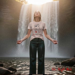 Puede incluir: Camiseta rosa claro con un diseño gráfico negro y rojo y el texto "TOTEMBENEATHTHESKIN". La camiseta se combina con vaqueros azul oscuro. La imagen está ambientada frente a una cascada.