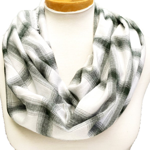 White and Green plaid scarf - Infinity Scarf / Loop Scarf