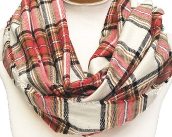 Orange, black, cream and tan plaid scarf - Infinity Scarf / Loop Scarf