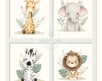 Nursery Wall Art Set of 4 – Safari Animal Prints – Giraffe, Elephant, Lion, Zebra – Jungle Safari Kids And Baby Room Decor– Digital Download