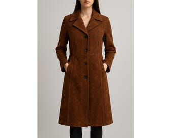 Handmade Women’s Long Brown Suede Leather Coat – Classic Trench Style – Custom Made to Order