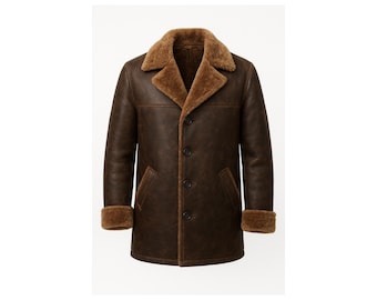 May include: A brown leather coat with a shearling lining and collar. The coat has a button-up front, two front pockets, and shearling cuffs. The coat is a classic style, suitable for cold weather.