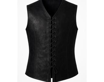 Handmade Men’s Black Medieval Leather Vest | Renaissance Style | Custom Made to Order