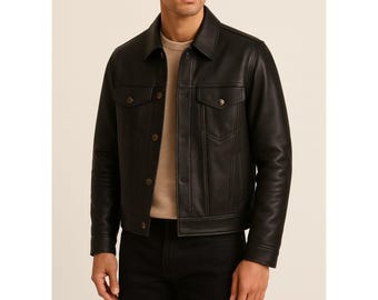 Handmade Men’s Black Leather Trucker Jacket – Everyday Classic Style – Custom Made to Order