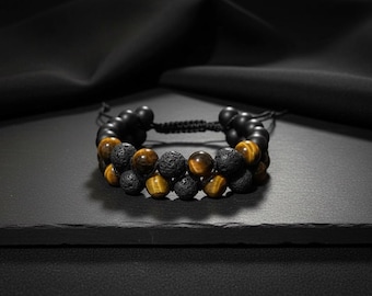 Bracciale con perline in occhio di tigre naturale, lava nera e onice, bracciale con cristalli in macramè per uomo e donna