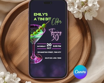 Digitale verjaardag Evite bewerkbare Tini Bit oudere verjaardagsuitnodiging draaien 30 martini thema neon feestuitnodiging canva-sjabloon