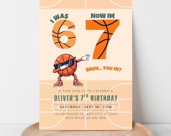 Invitación de cumpleaños número 6/7, meme deportivo de tendencia, invitación para fiesta Six Seven, baloncesto, plantilla editable de Canva, descarga digital instantánea.