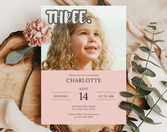 3rd Birthday Invitation, Photo Birthday Invite, Editable Canva Template, Instant Digital Download