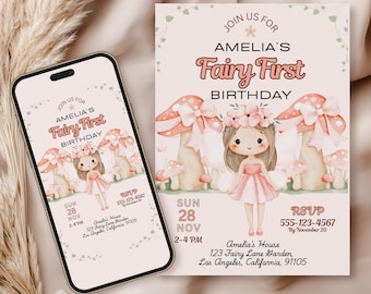 Fairy First Birthday Invitation Fairy 1st Party Invite Enchanted Forest Fairy Invitation Editable Printable Digital Canva Template