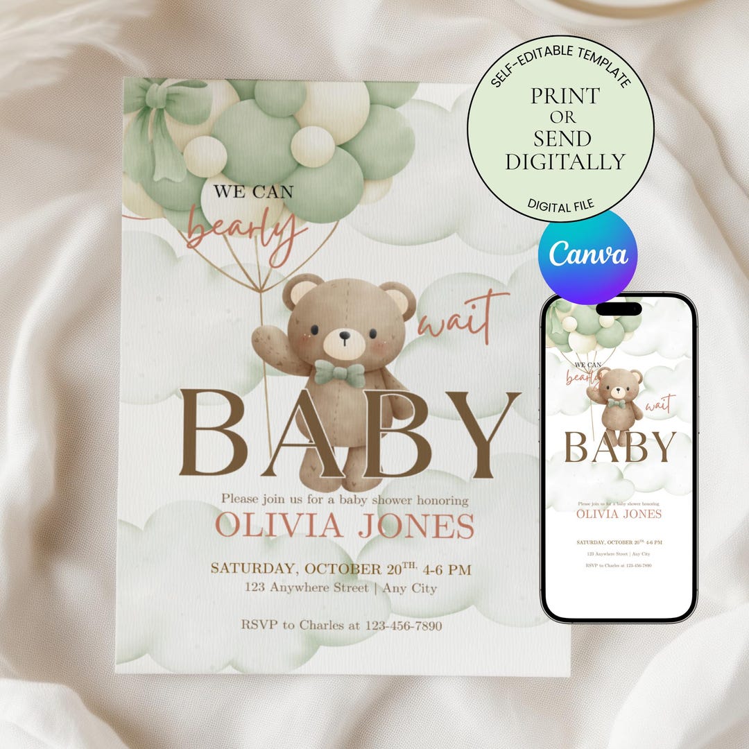 Editable Brown Bear Balloon Baby Shower Invitation We Can Bearly Wait ...
