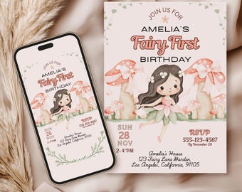 Fairy First Birthday Invitation Fairy 1st Party Invite Enchanted Forest Fairy Invitation Editable Printable Digital Canva Template