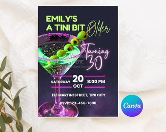 Tini Bit oudere verjaardagsuitnodiging draaien 30 martini thema verjaardagsuitnodiging stijlvolle cocktailparty uitnodigen neon verjaardagsuitnodiging canva bewerkbaar