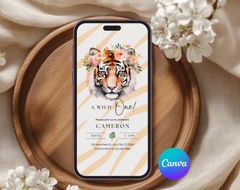 Wild One Birthday Invitation Safari Animal Party 1st Birthday Invite Jungle Theme Lion Canva Template