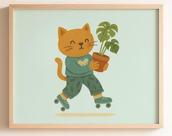 猫とモンステラのアートプリント、植物愛好家への猫をテーマにしたギフト（デジタルダウンロード）