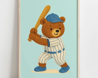 Decorazione murale con orsetto da baseball vintage: tema sportivo per la cameretta dei bambini, decorazione per la cameretta dei ragazzi (download digitale)