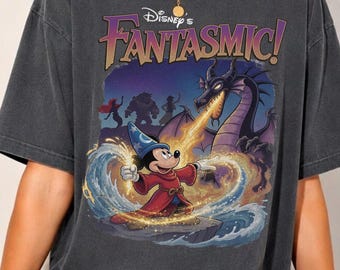 Vintage Fantasmic Sorcerer Mickey Fighting Dragon Shirt, Retro Disney Fantasia Villain Tee, Disneyland Family Trip Graphic T-Shirt