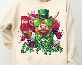 Funny Highland Cow Dr Pepper Shirt, St Patrick's Day Highland Cow Sweatshirt, St Patrick's Day Shirt, Dr Pepper Sweatshirt, Soda Drinks Gift