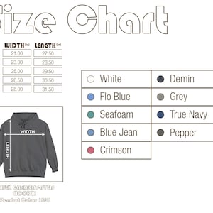 May include: A size chart for a unisex garment-dyed hoodie, Comfort Colors 1567. The chart includes measurements in inches for sizes S to 2XL. Color options include White, Flo Blue, Seafoam, Blue Jean, Crimson, Demin, Grey, True Navy, and Pepper.