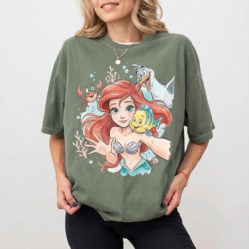 Retro Disney Ariel Comfort Colors Shirt, The Little Mermaid Princess Tee, Disney Birthday Girl Shirt, Disney World Trip Shirt Moss/Military Green