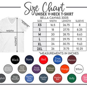 May include: White unisex V-neck t-shirt with a size chart. The chart lists measurements in inches for width, length, and sleeve length for sizes XS to 2XL. Color options include black, navy, red, and more.