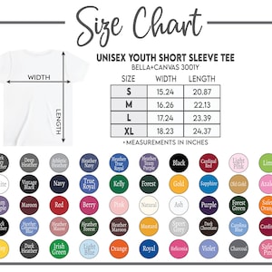 Może przedstawiać: Biała koszulka unisex z kr&oacute;tkim rękawem dla młodzieży z tabelą rozmiar&oacute;w. Tabela zawiera rozmiary S-XL z wymiarami szerokości i długości w calach. Obraz wyświetla r&oacute;wnież paletę kolor&oacute;w.