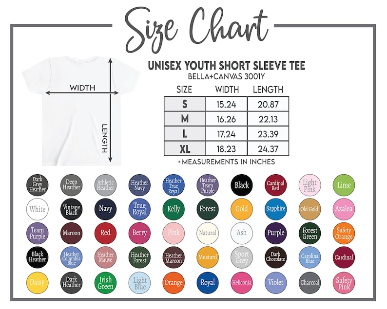 Może przedstawiać: Biała koszulka unisex z kr&oacute;tkim rękawem dla młodzieży z tabelą rozmiar&oacute;w. Tabela zawiera rozmiary S-XL z wymiarami szerokości i długości w calach. Obraz wyświetla r&oacute;wnież paletę kolor&oacute;w.