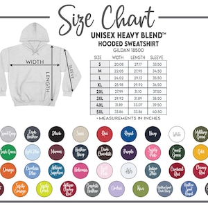 Może przedstawiać: Tabela rozmiar&oacute;w dla bluzy z kapturem Unisex Heavy Blend, Gildan 18500. Tabela zawiera wymiary w calach dla szerokości, długości i rękawa dla rozmiar&oacute;w od S do 5XL. Poniżej tabeli wyświetlane są pr&oacute;bki kolor&oacute;w.