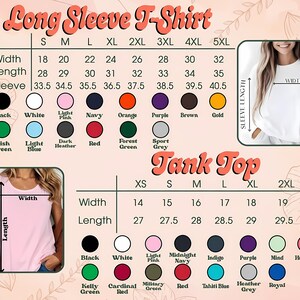 May include: A size chart for a long sleeve t-shirt and a tank top. The long sleeve chart lists widths, lengths, and sleeve measurements from 18 to 40.5 inches across sizes S to 5XL. The tank top chart lists widths and lengths from 14 to 29.5 inches.