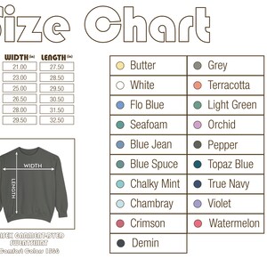 Op de afbeelding: Een maattabel voor een unisex garment-dyed sweatshirt, Comfort Colors 1566. De tabel toont maten S tot 3XL, met breedte- en lengtematen in inches. Er wordt ook een kleurenpalet met namen als Butter, White en Grey getoond.