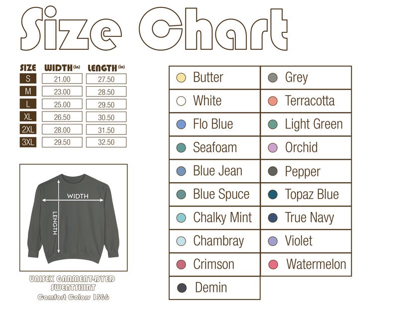 Op de afbeelding: Een maattabel voor een unisex garment-dyed sweatshirt, Comfort Colors 1566. De tabel toont maten S tot 3XL, met breedte- en lengtematen in inches. Er wordt ook een kleurenpalet met namen als Butter, White en Grey getoond.