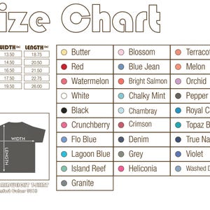 May include: Size chart for a youth midweight t-shirt, Comfort Colors 9016. Includes measurements in inches for XS, S, M, L, and XL sizes. Color options are listed with color swatches, including Butter, Red, and Watermelon.