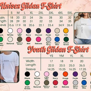May include: A size chart for Unisex and Youth Gildan T-Shirts featuring width, length, and sleeve measurements in inches. The chart includes color swatches for black, white, light pink, navy, charcoal, purple, sand, gold, green, red, and blue.