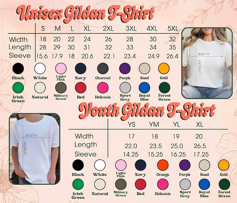 May include: A size chart for Unisex and Youth Gildan T-Shirts featuring width, length, and sleeve measurements in inches. The chart includes color swatches for black, white, light pink, navy, charcoal, purple, sand, gold, green, red, and blue.