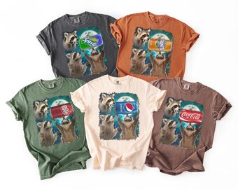 Cool Raccoon Drinking Graphic Tee, Fun Animal Lover Shirt, Dr Pepper Funny T-Shirt, Coca Cola, Fanta, Pepsi Shirt, Funny Trash Panda Shirt