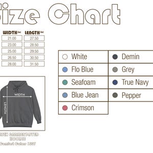 Op de afbeelding: Een maattabel voor een unisex garment-dyed hoodie, Comfort Colors 1567. De tabel geeft de maten S tot 2XL weer met breedte- en lengtematen in inches. Kleuropties zijn Wit, Flo Blue, Seafoam, Blue Jean en Crimson.