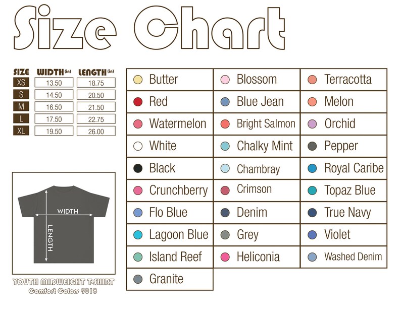 Op de afbeelding: Maattabel voor een jeugd t-shirt van gemiddeld gewicht, Comfort Colors 9016. Bevat afmetingen in inches voor de maten XS, S, M, L en XL. Beschikt over een kleurenpalet met namen als Boter, Rood en Watermeloen, en een t-shirt grafiek.