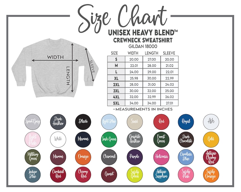 Może przedstawiać: Tabela rozmiar&oacute;w dla bluzy z okrągłym dekoltem Unisex Heavy Blend, Gildan 18000, z wymiarami w calach. Tabela zawiera rozmiary od S do 5XL, z wymiarami szerokości, długości i rękawa. Opcje kolor&oacute;w są wyświetlane poniżej.