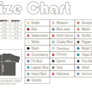 May include: A size chart for a youth midweight t-shirt, Comfort Colors 9018, featuring a table with width and length measurements in inches for sizes XS to XL. A diagram shows how to measure the shirt, and a list displays 27 color options.